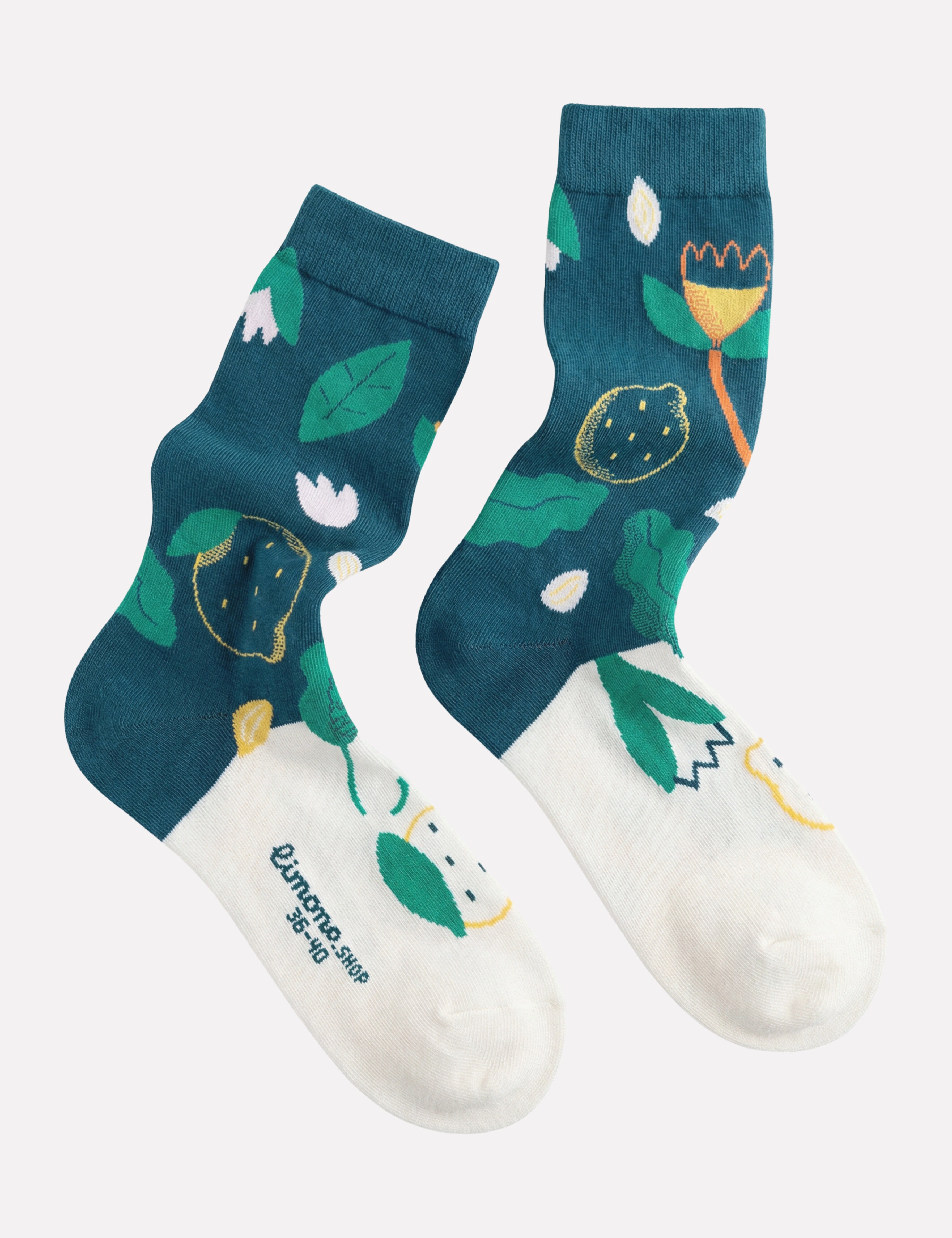 Limono Lemonheads Black illustrated socks design with lemons, leaves and tulip flowers