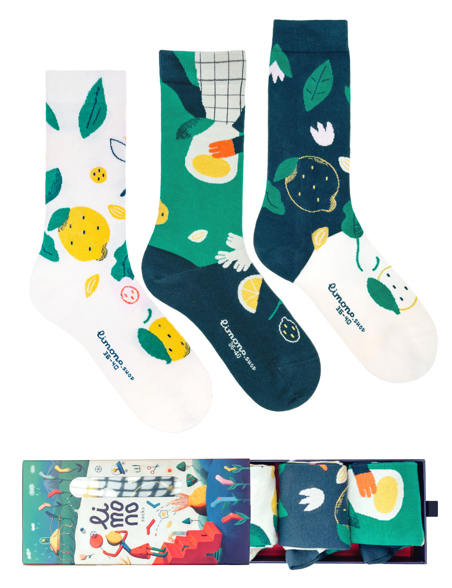 Limono Lemonheads Dark Kit three socks Ivory, Green and Black with illustrated gift box