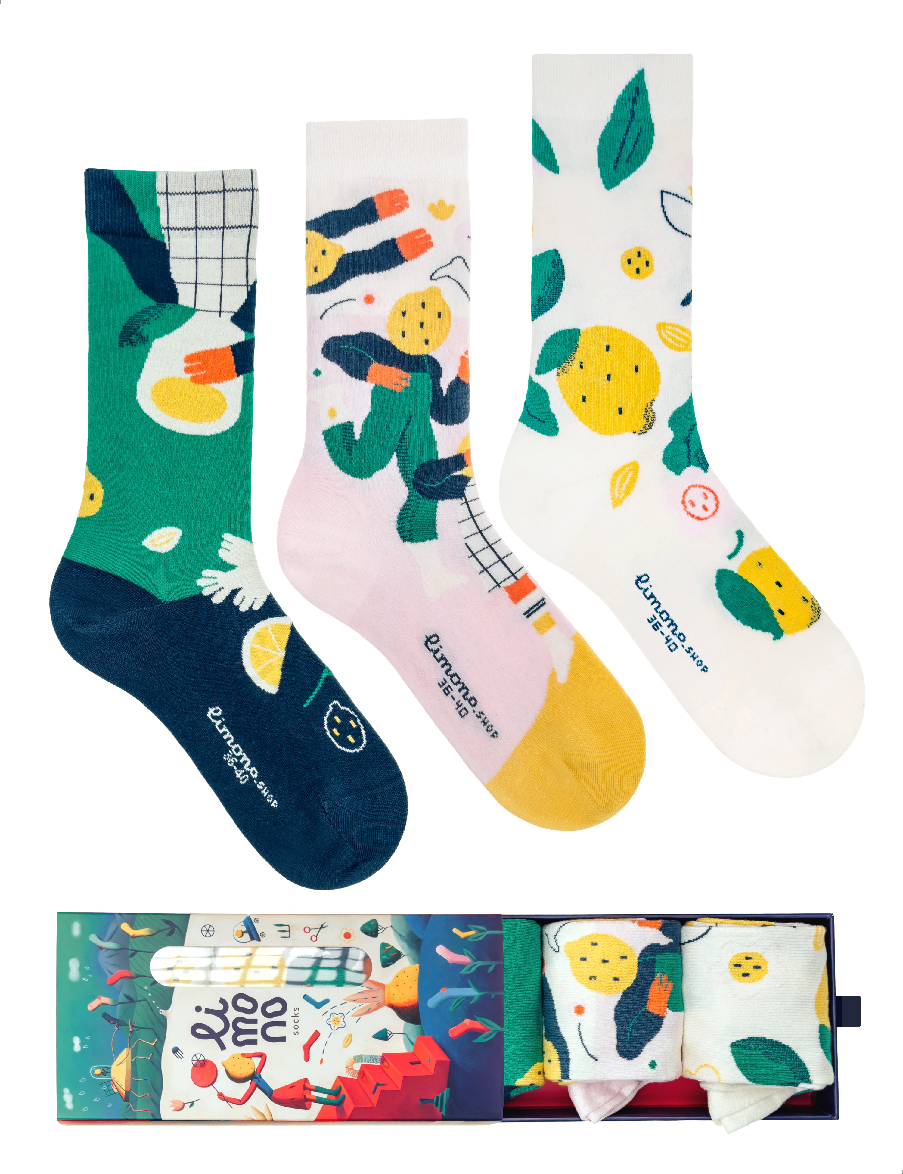 Limono Socks Lemonheads collection. Illustrated socks on trend made in Portugal. Organic combed cotton