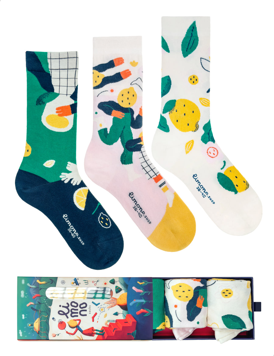 Limono Lemonheads Light Kit three socks Green, Rose and Ivory with illustrated gift box