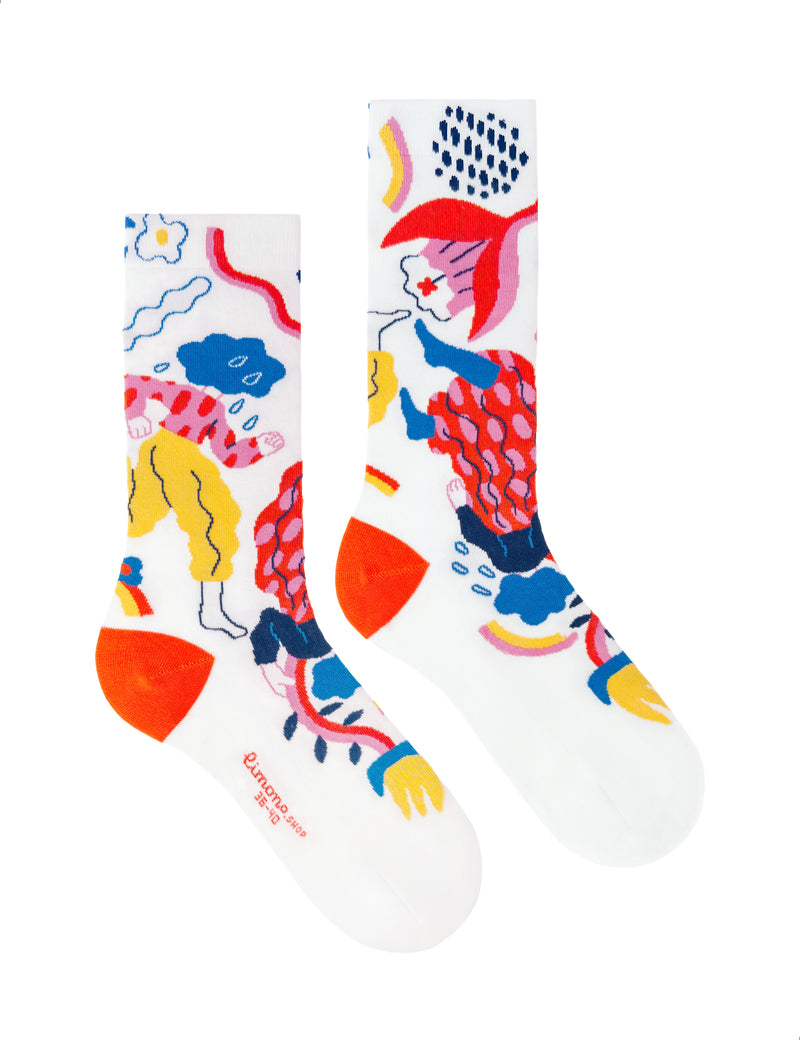Limono Socks Rain Clouds collection. Illustrated socks on trend made in Portugal. Organic combed cotton. Colorful socks with abstract designs on a white background