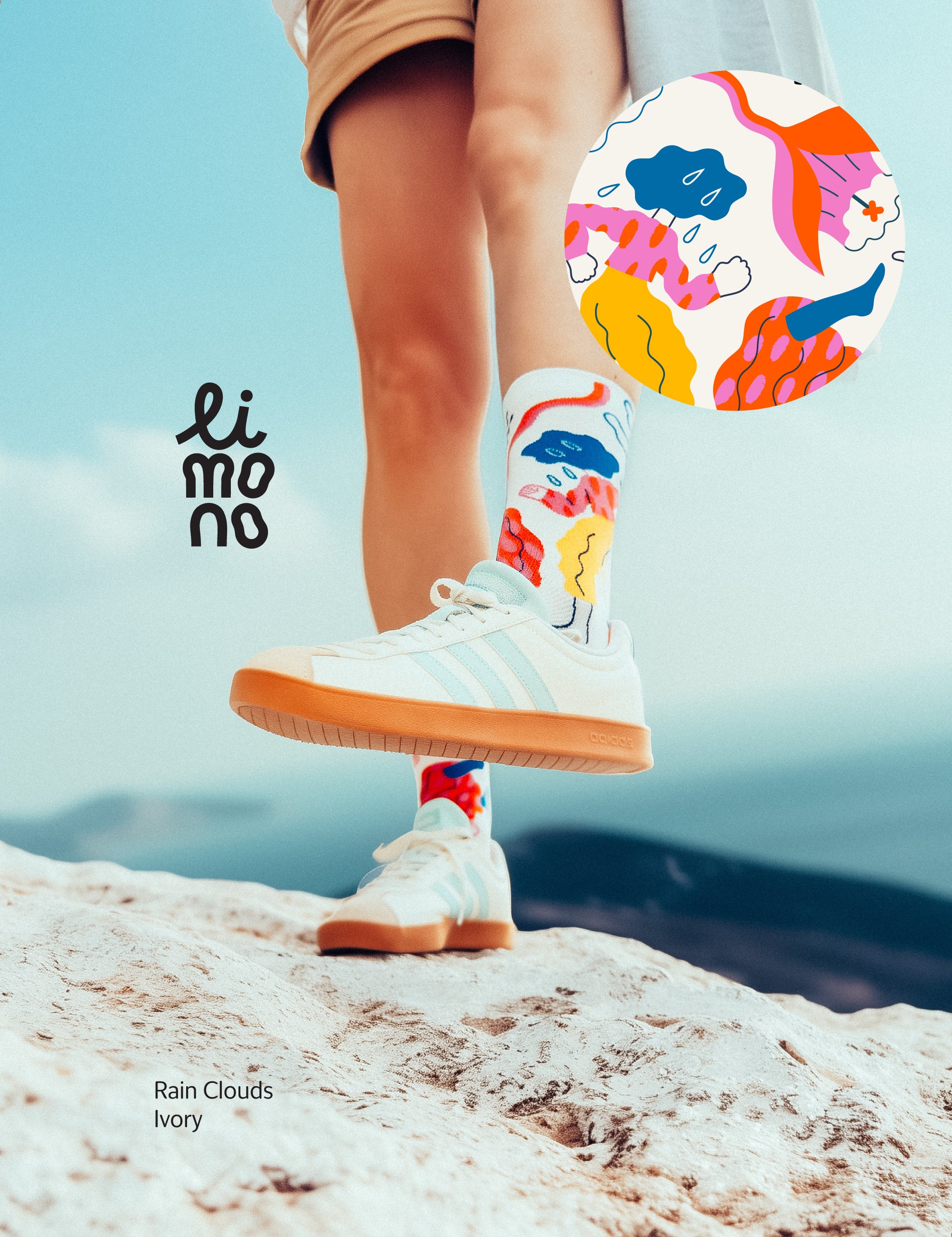 Limono Socks Rain Clouds collection. Illustrated socks on trend made in Portugal. Organic combed cotton .Person wearing colorful sneakers with 'li mo no' branding on a mountainous landscape.