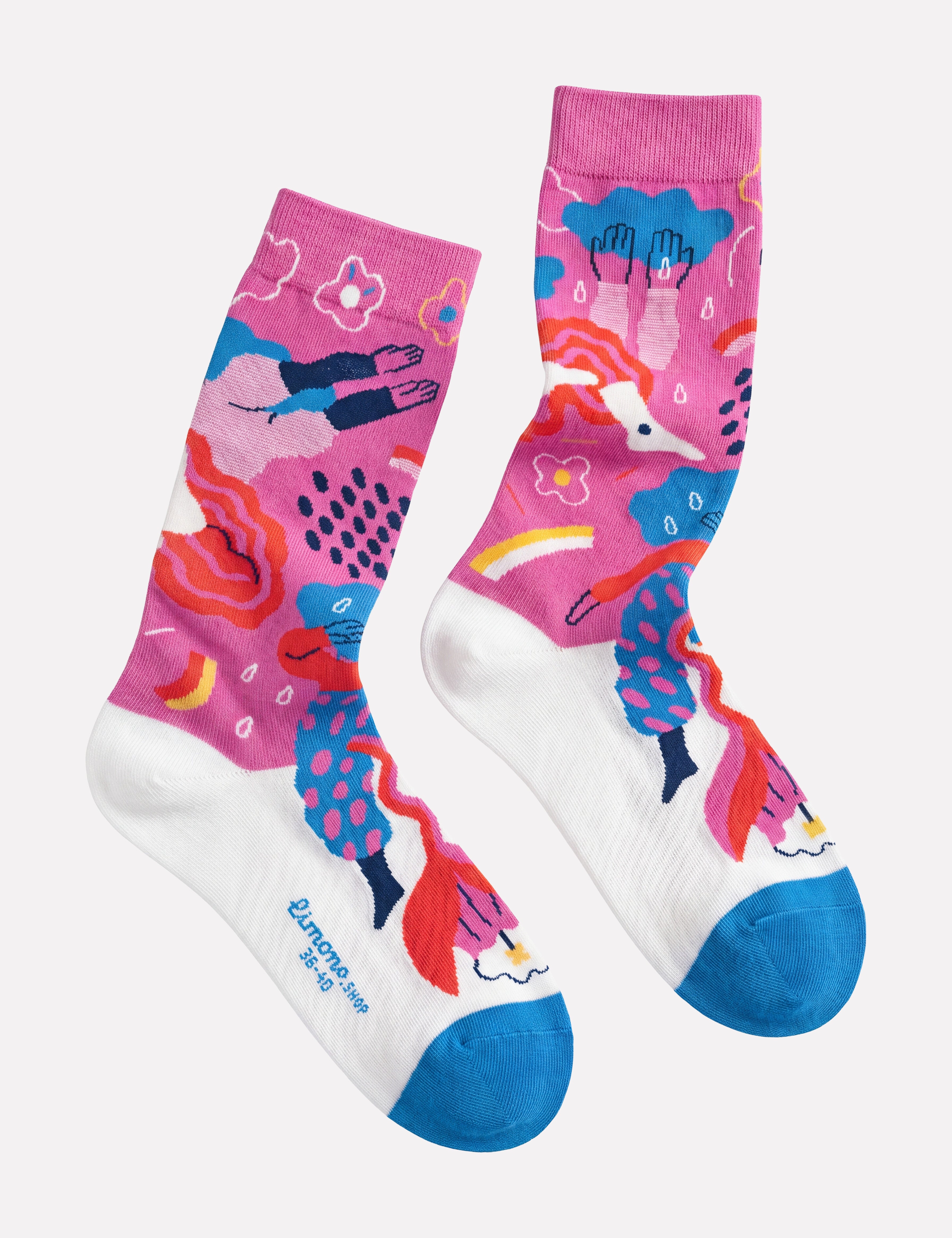 Limono Rain Clouds Magenta illustrated design with rain, cloud-head characters, flowers and rainbow