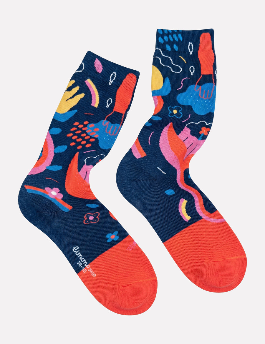 Limono Rain Clouds Black illustrated design with rain, cloud-head characters, flowers and rainbow