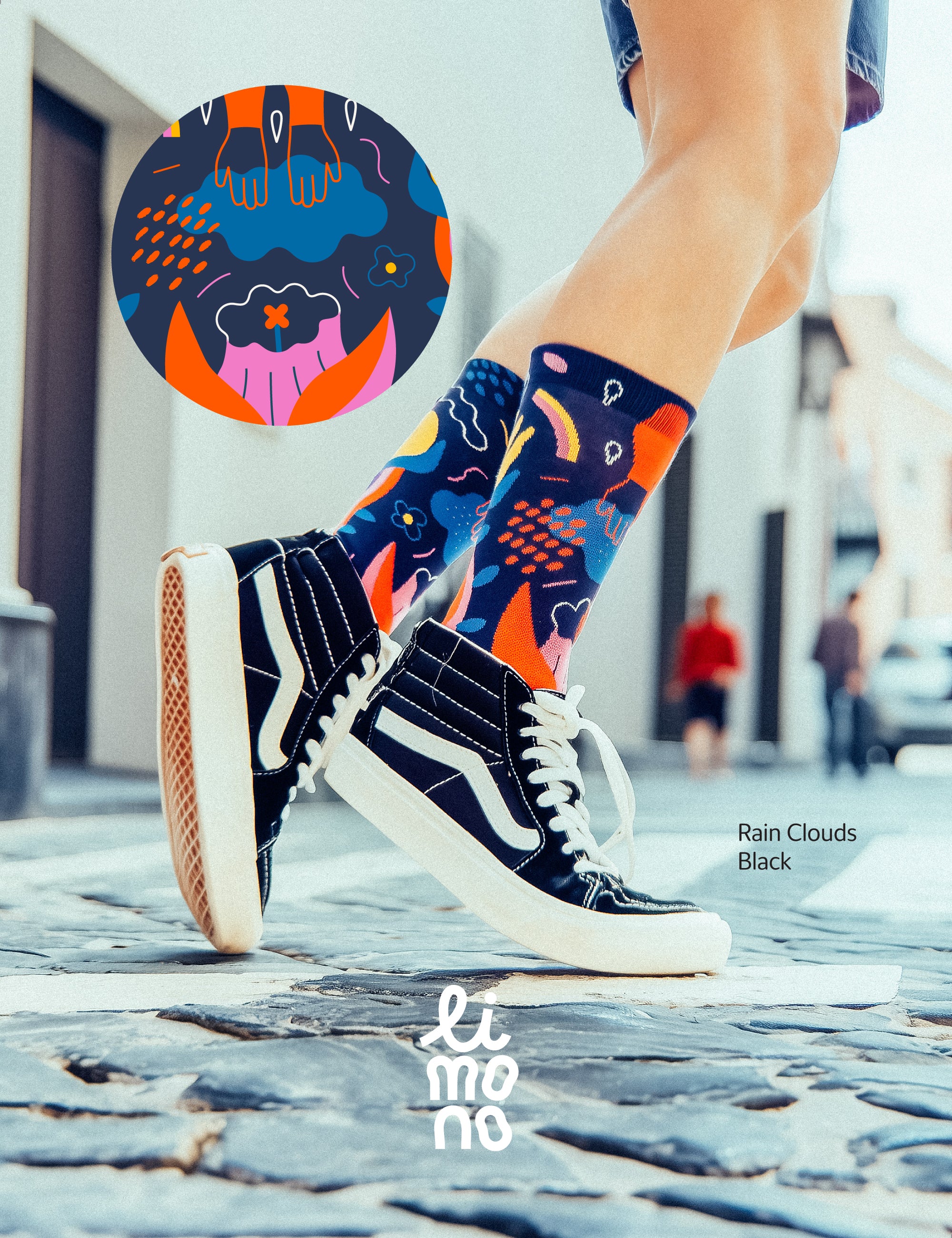 Limono Socks Rain Clouds collection. Illustrated socks on trend made in Portugal. Organic combed cotton. Person wearing colorful socks with abstract patterns and navy sneakers on a street.