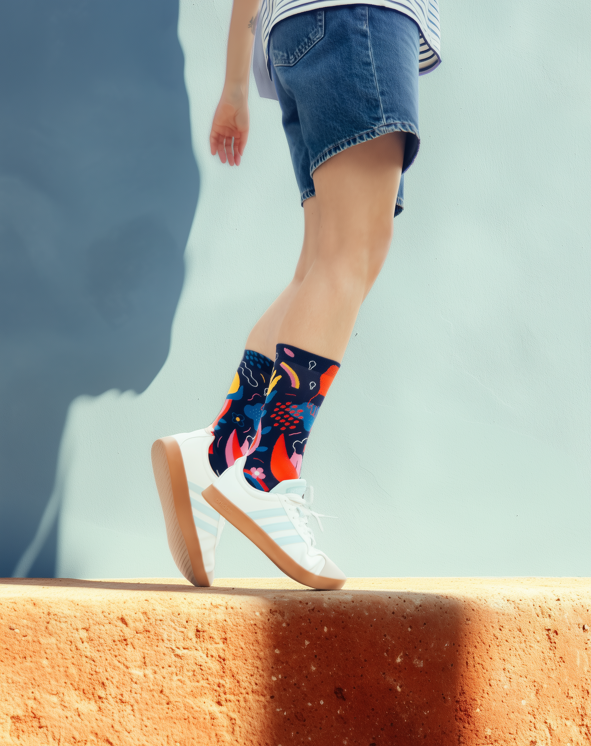 Woman wearing colorful Limono Rain Clouds socks with a blurred background