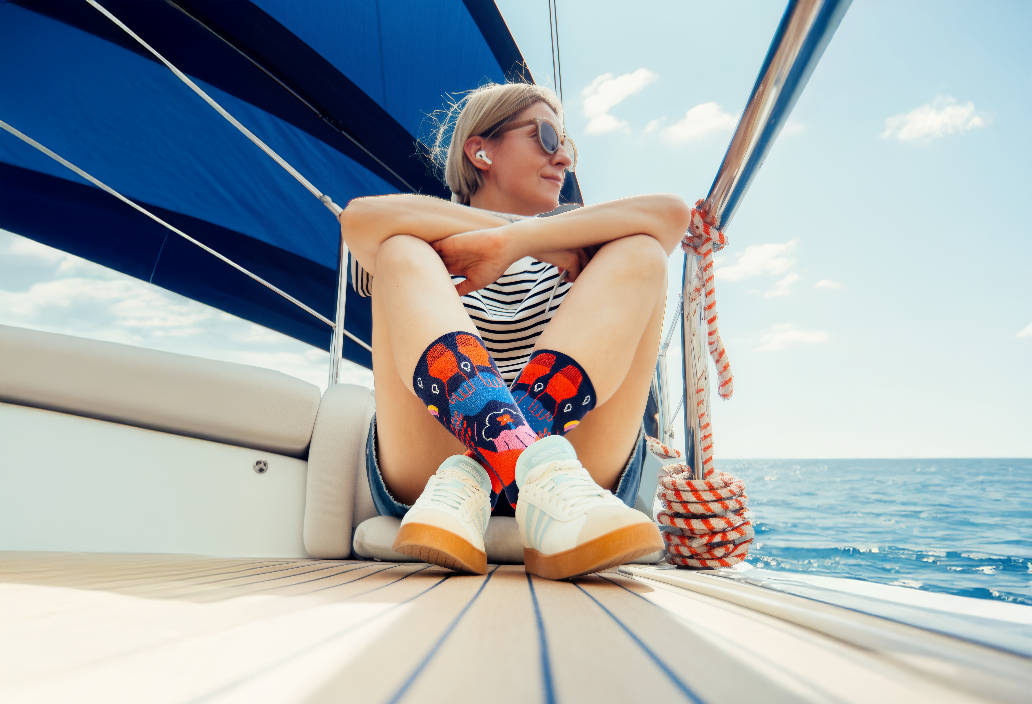 Woman sitting on a boat deck with colorful socks and sunglasses, enjoying the sea.