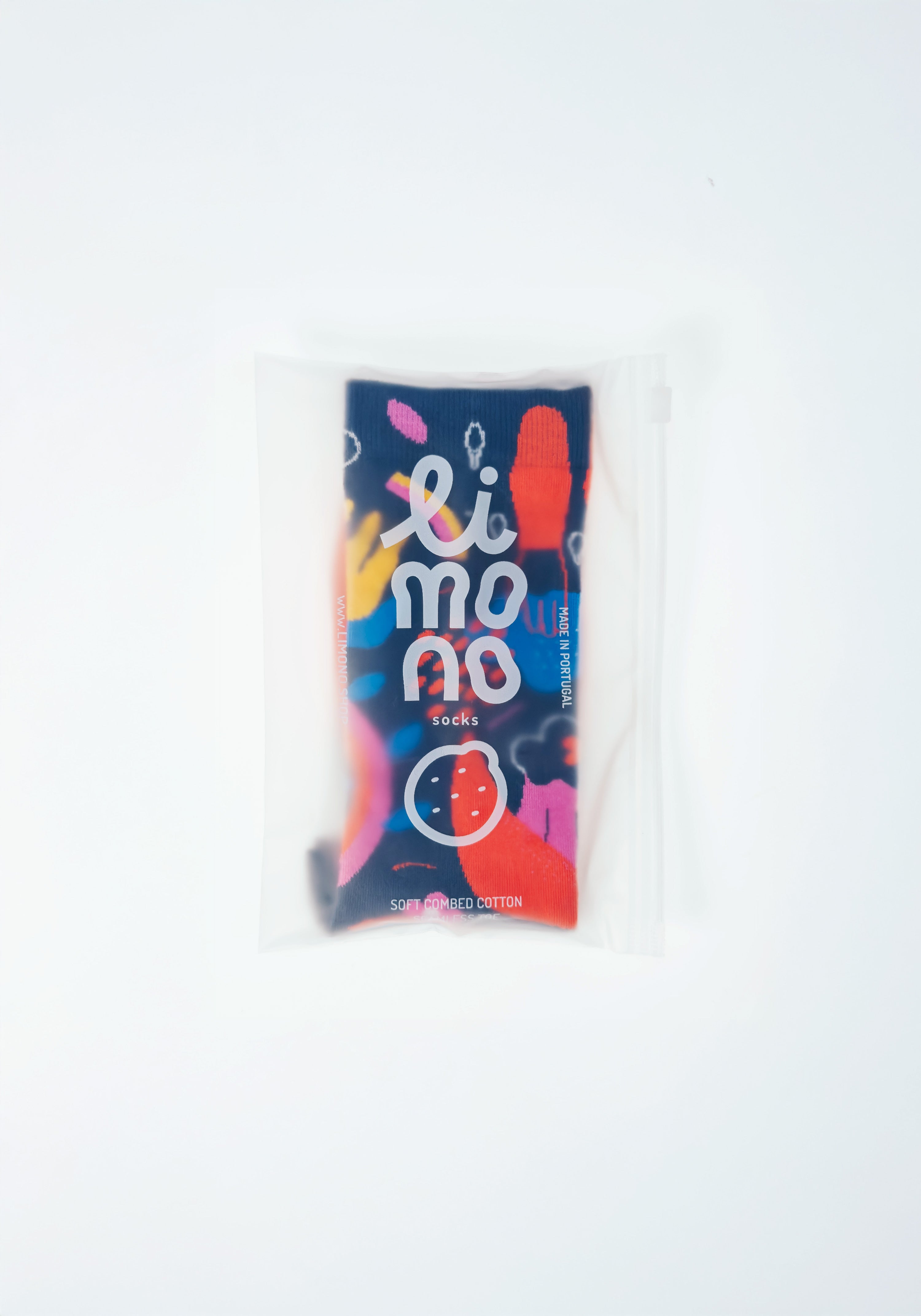 Limono Socks Rain Clouds collection. Illustrated socks on trend made in Portugal. Organic combed cotton. Colorful li-mo snack package on a white background
