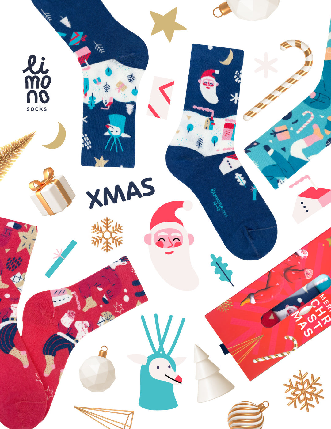 Limono Christmas flat lay collage with Red, Navy, Turquoise socks and Santa, deer, gift motifs