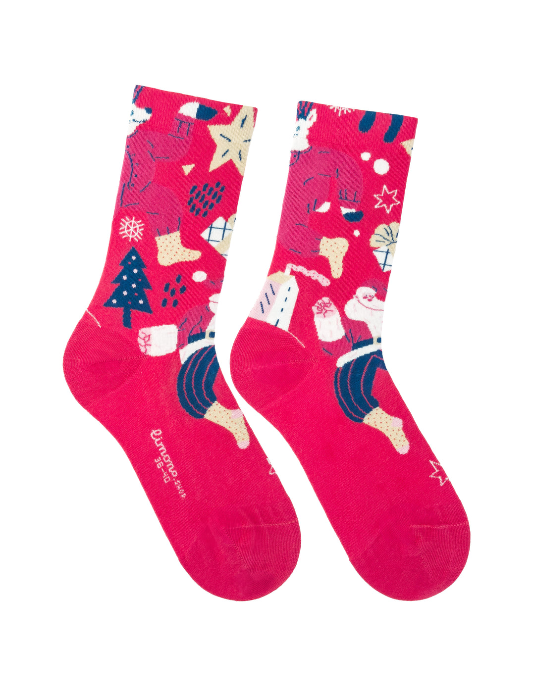 Limono Christmas Red socks with Santa, deer, star and tree motifs on white background