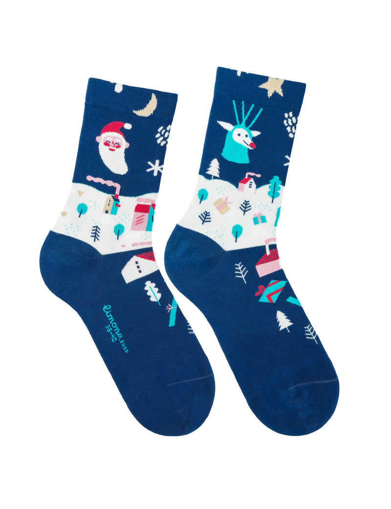 Limono Socks Christmas collection. Illustrated socks on trend made in Portugal. Organic combed cotton. Pair of festive socks with Santa Claus and reindeer design on a blue background