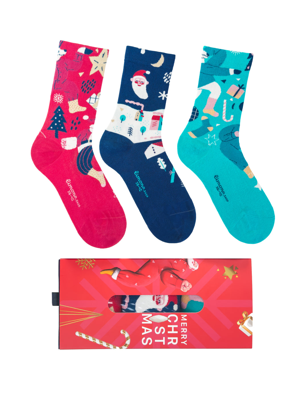 Limono Christmas Box of 3 with Red, Navy, Turquoise socks above closed Merry Christmas gift box