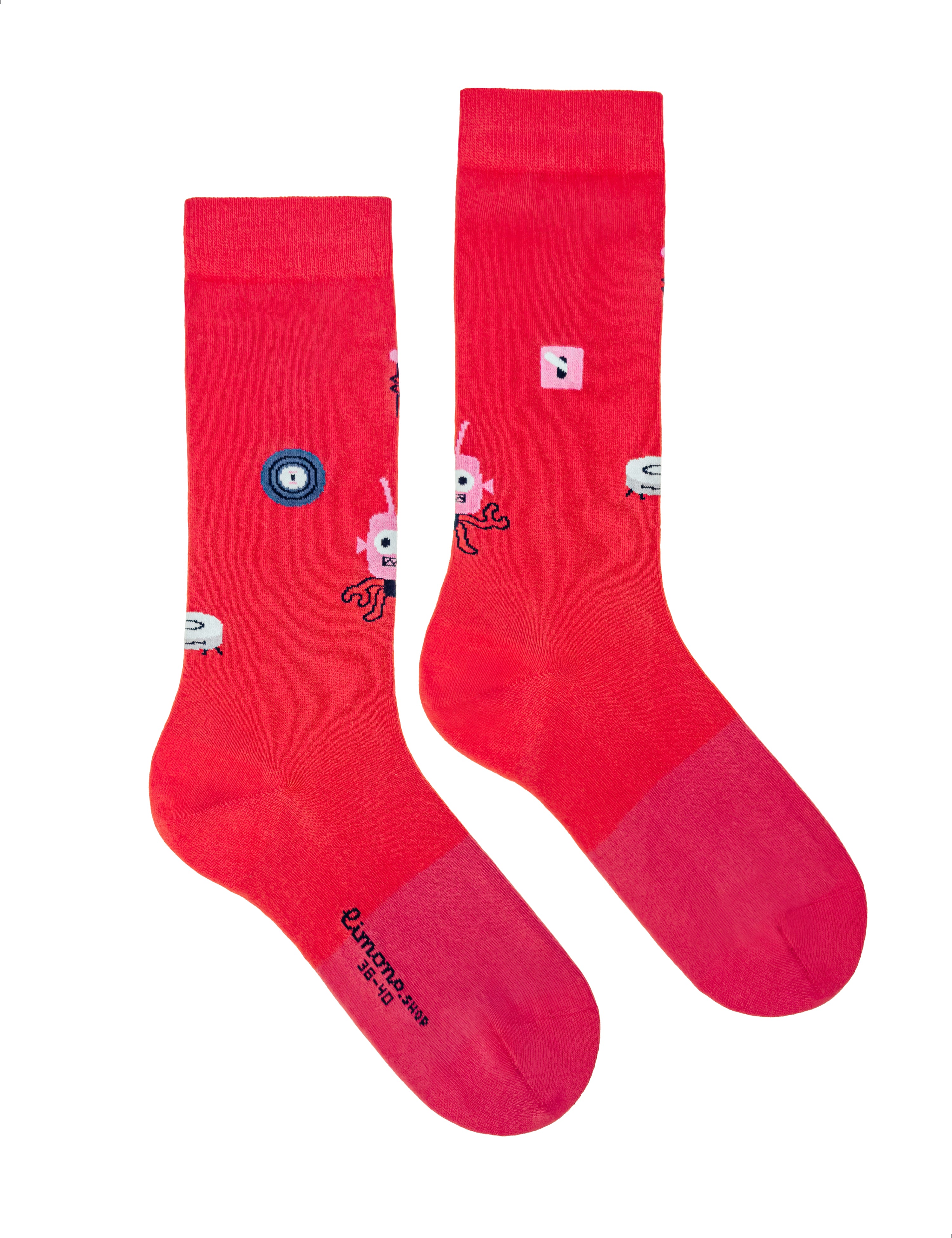 Limono Socks Robots Day collection. Illustrated socks on trend made in Portugal. Organic combed cotton. Red socks with cartoon character design on a white background