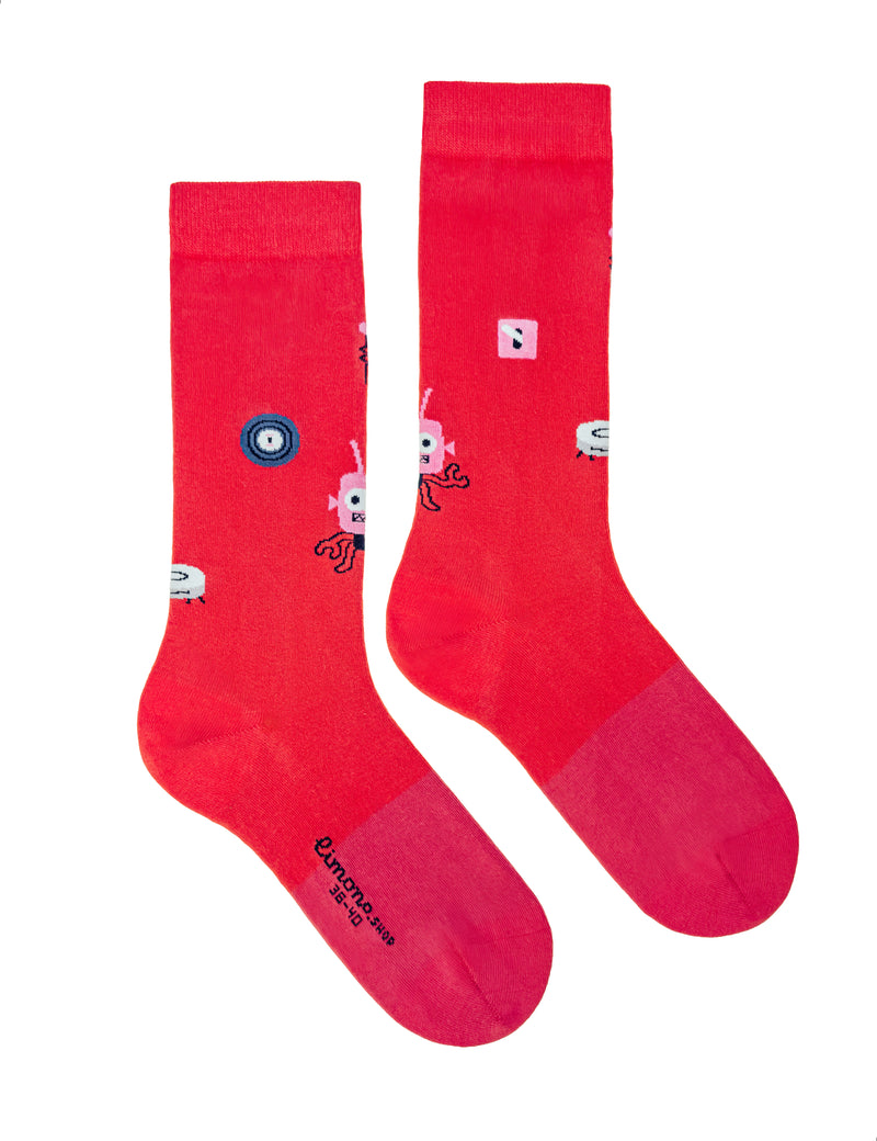Limono Socks Robots Day collection. Illustrated socks on trend made in Portugal. Organic combed cotton. Red socks with cartoon character design on a white background