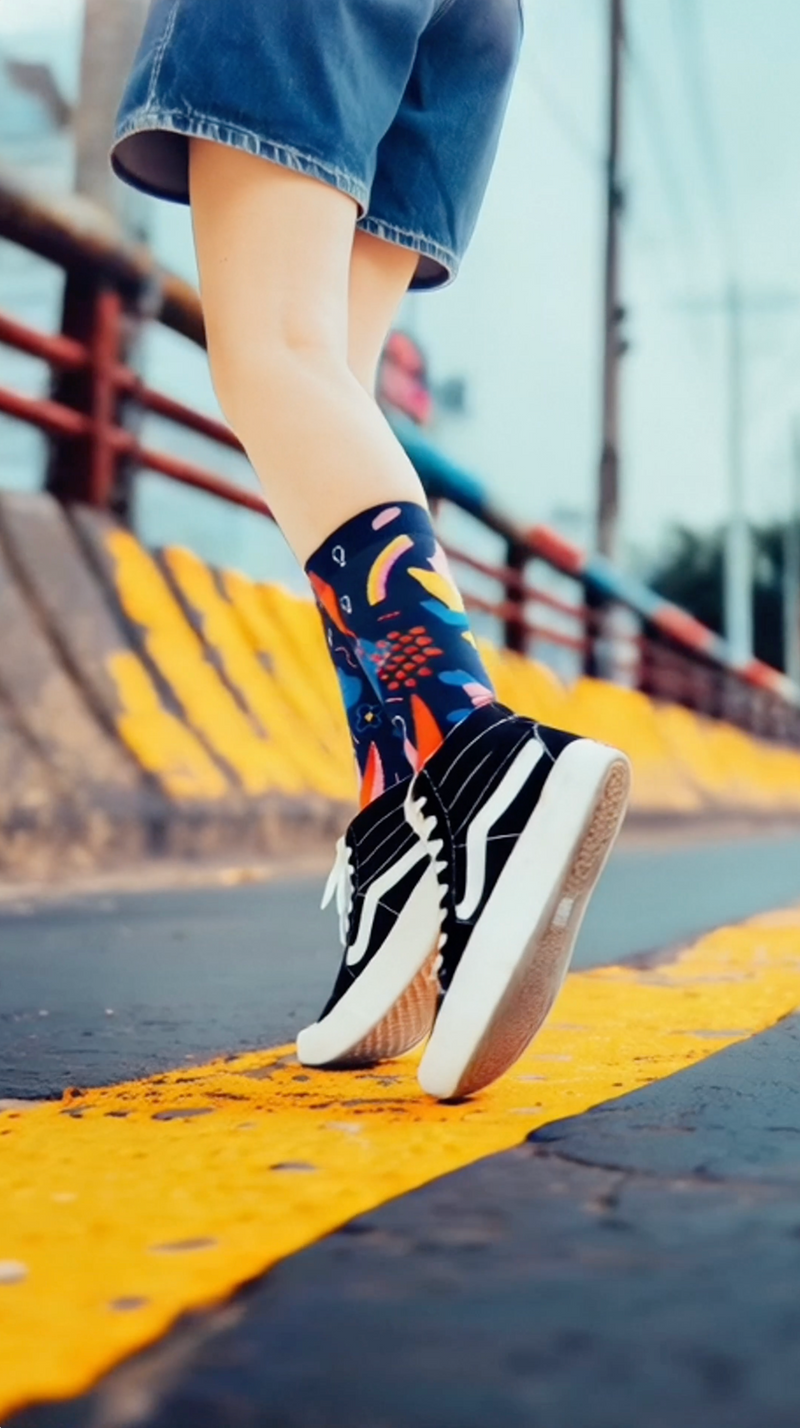 Limono Socks Rain Clouds collection. Illustrated socks on trend made in Portugal. Organic combed cotton. Person wearing black and white sneakers with colorful socks on a yellow and black striped surface.