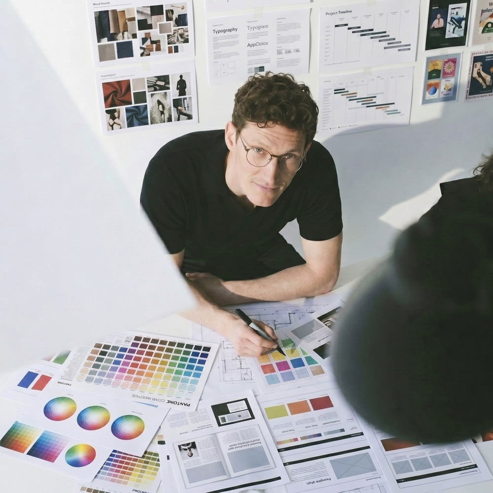 Limono designer at desk with Pantone color charts, mood boards and typography sheets
