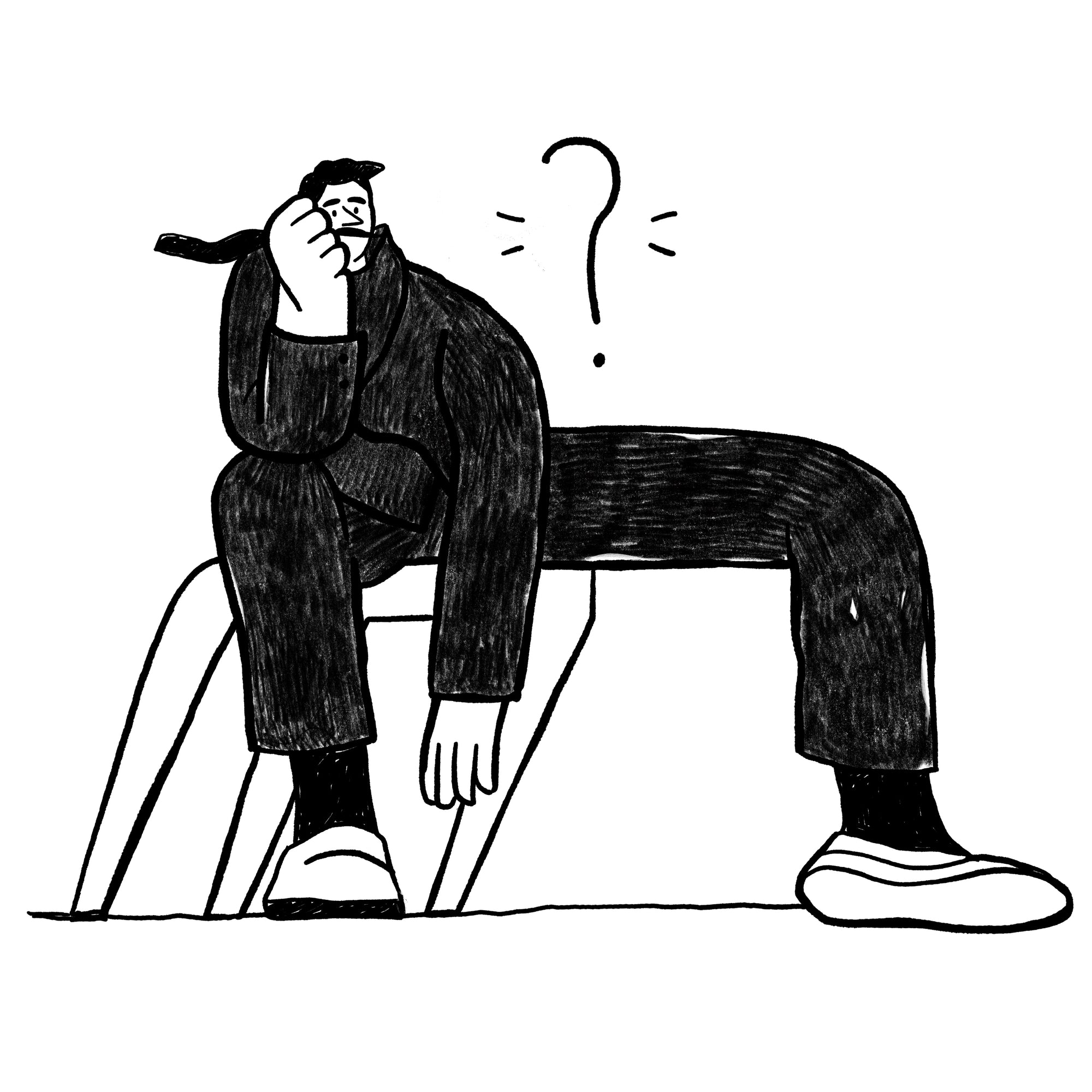 Pencil sketch of hunched man sitting with hand to face and question mark, by Oksana Grivina