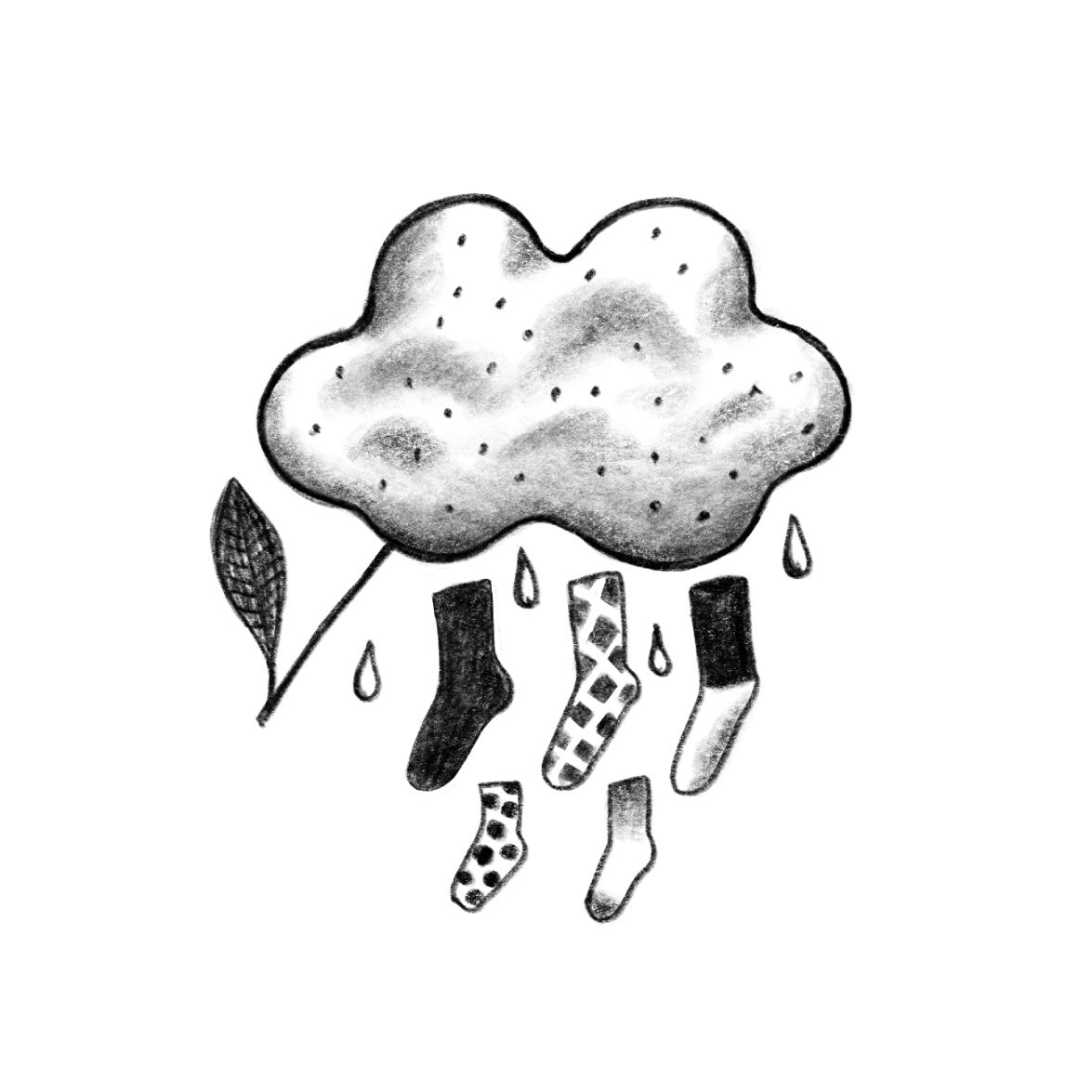 Limono illustration pencil sketch of socks raining from a cloud with a leaf, by Oksana Grivina