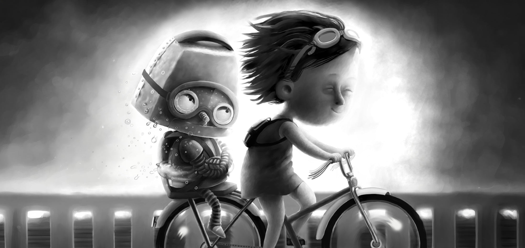 Black and white painted illustration of girl on bicycle with small robot diver friend, by Oksana Grivina