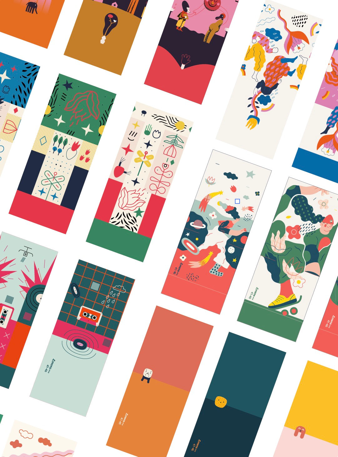 Editorial collage of illustration cards by Oksana Grivina arranged on a tilted grid