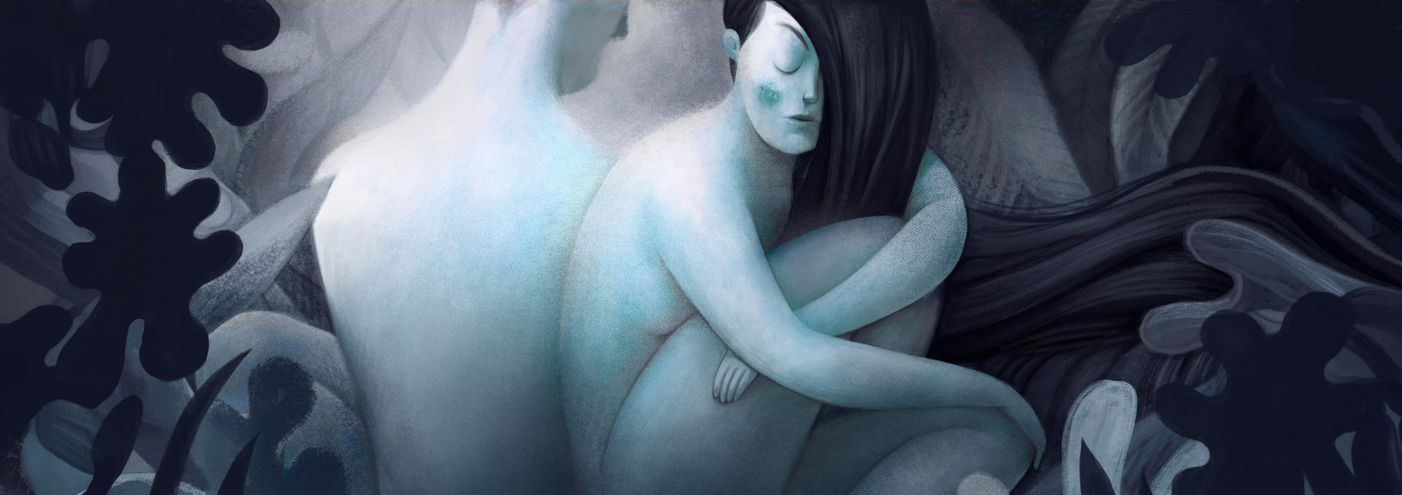 Painted illustration of two figures embracing in a dark blue forest by Oksana Grivina