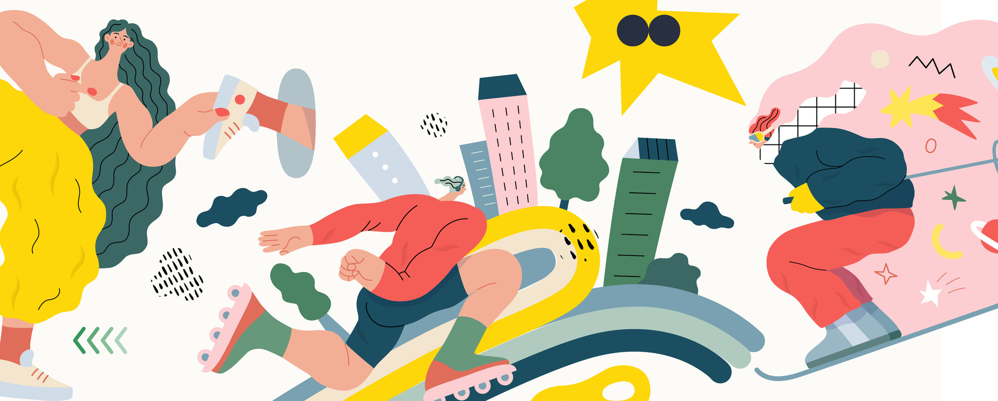 Editorial illustration banner with figures running, with bag and on a sled, by Oksana Grivina