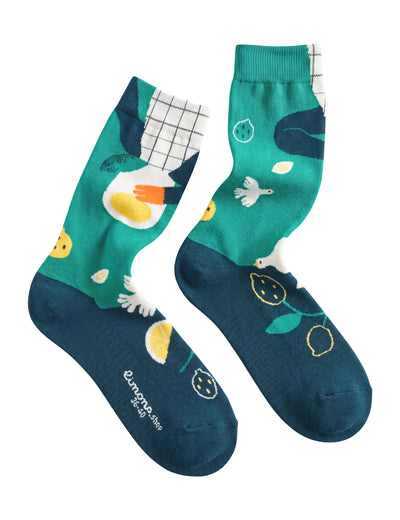 Limono Lemonheads Green socks with lemons, tea-cup-head character, bird, flowers and leaves