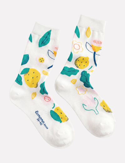 Limono Lemonheads Ivory illustrated socks design with yellow lemons and pastel flowers