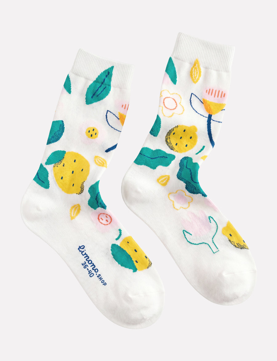 Limono Lemonheads Ivory illustrated socks design with yellow lemons and pastel flowers