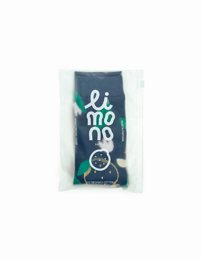 Limono Lemonheads Black sock packaged in a clear poly bag with limono branding