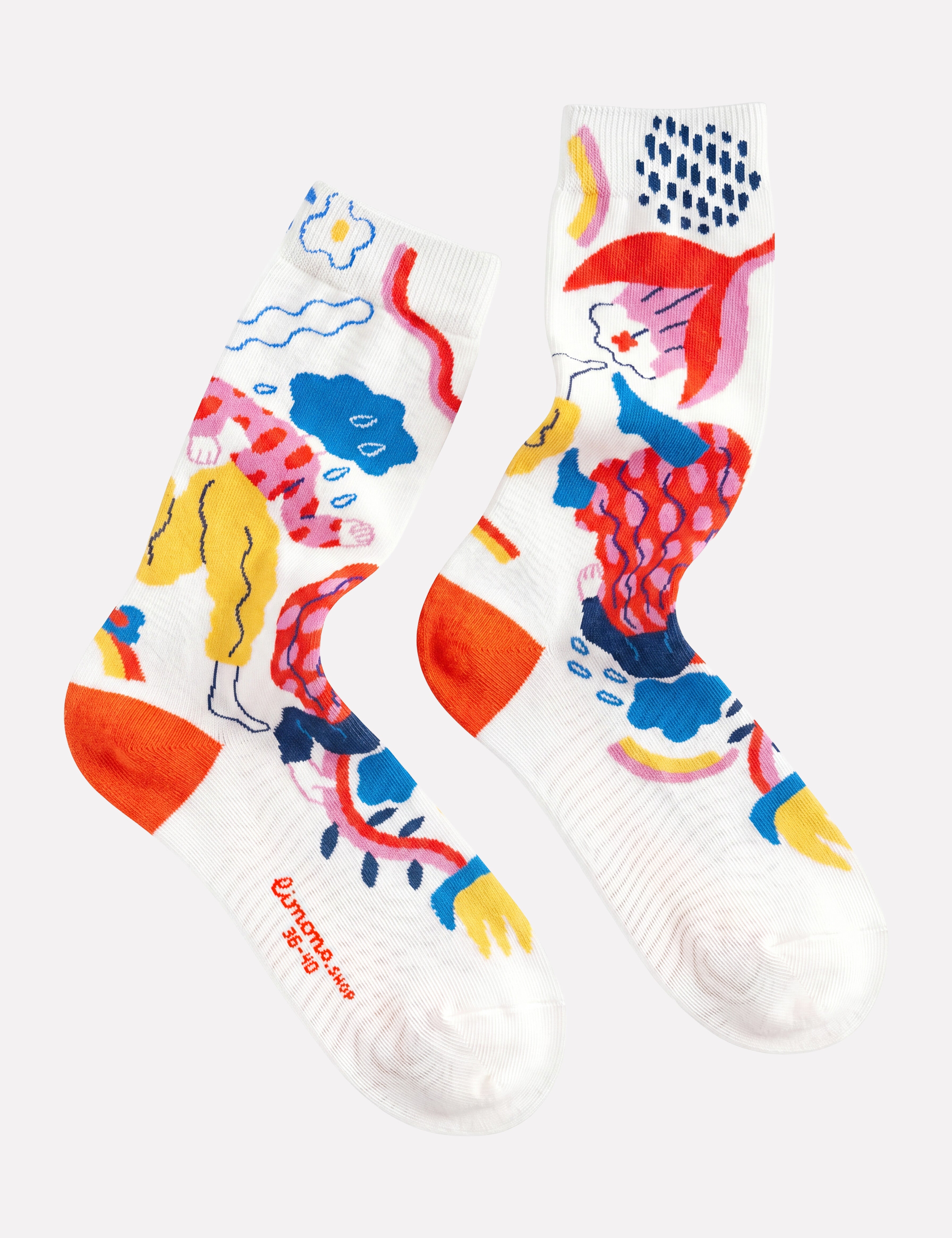 Limono Rain Clouds White illustrated design with rain, cloud-head characters, flowers and rainbow