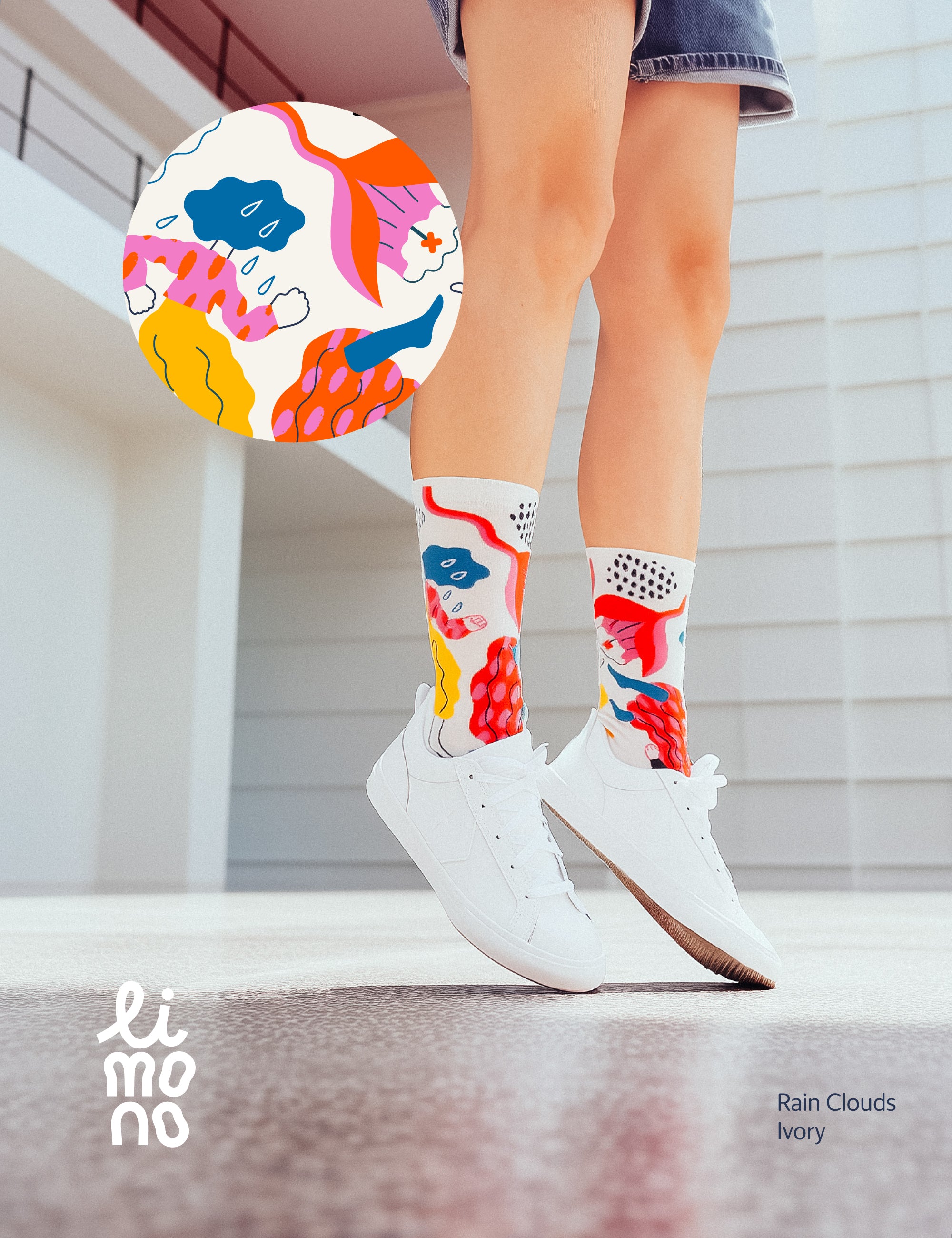 Limono Socks Rain Clouds collection. Illustrated socks on trend made in Portugal. Organic combed cotton 