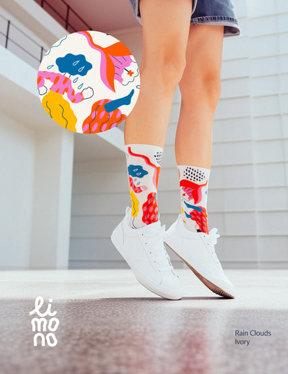 Limono Socks Rain Clouds collection. Illustrated socks on trend made in Portugal. Organic combed cotton 