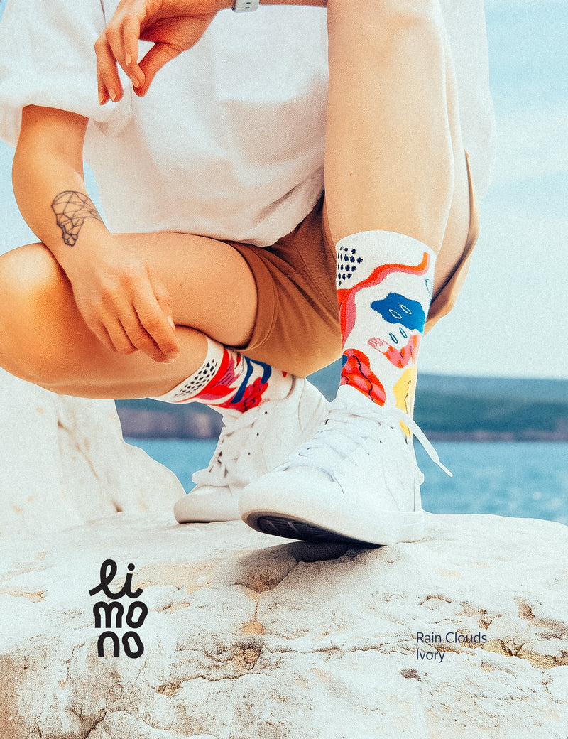Limono Socks Rain Clouds collection. Illustrated socks on trend made in Portugal. Organic combed cotton 