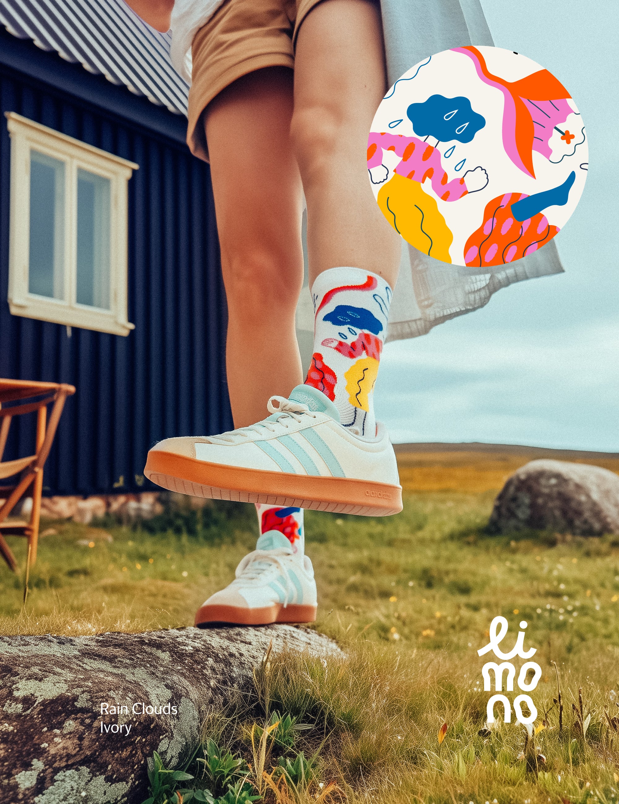 Limono Socks Rain Clouds collection. Illustrated socks on trend made in Portugal. Organic combed cotton 