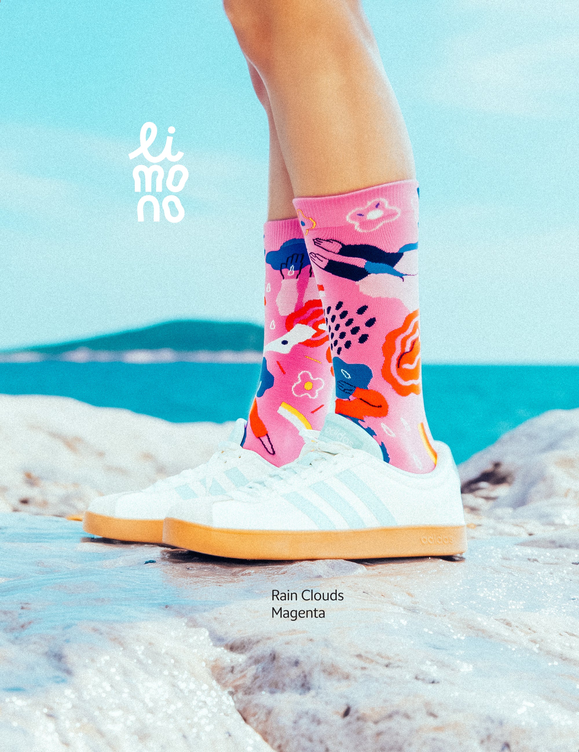 Limono Socks Rain Clouds collection. Illustrated socks on trend made in Portugal. Organic combed cotton. Colorful socks with a design of rain clouds on a rocky beach.