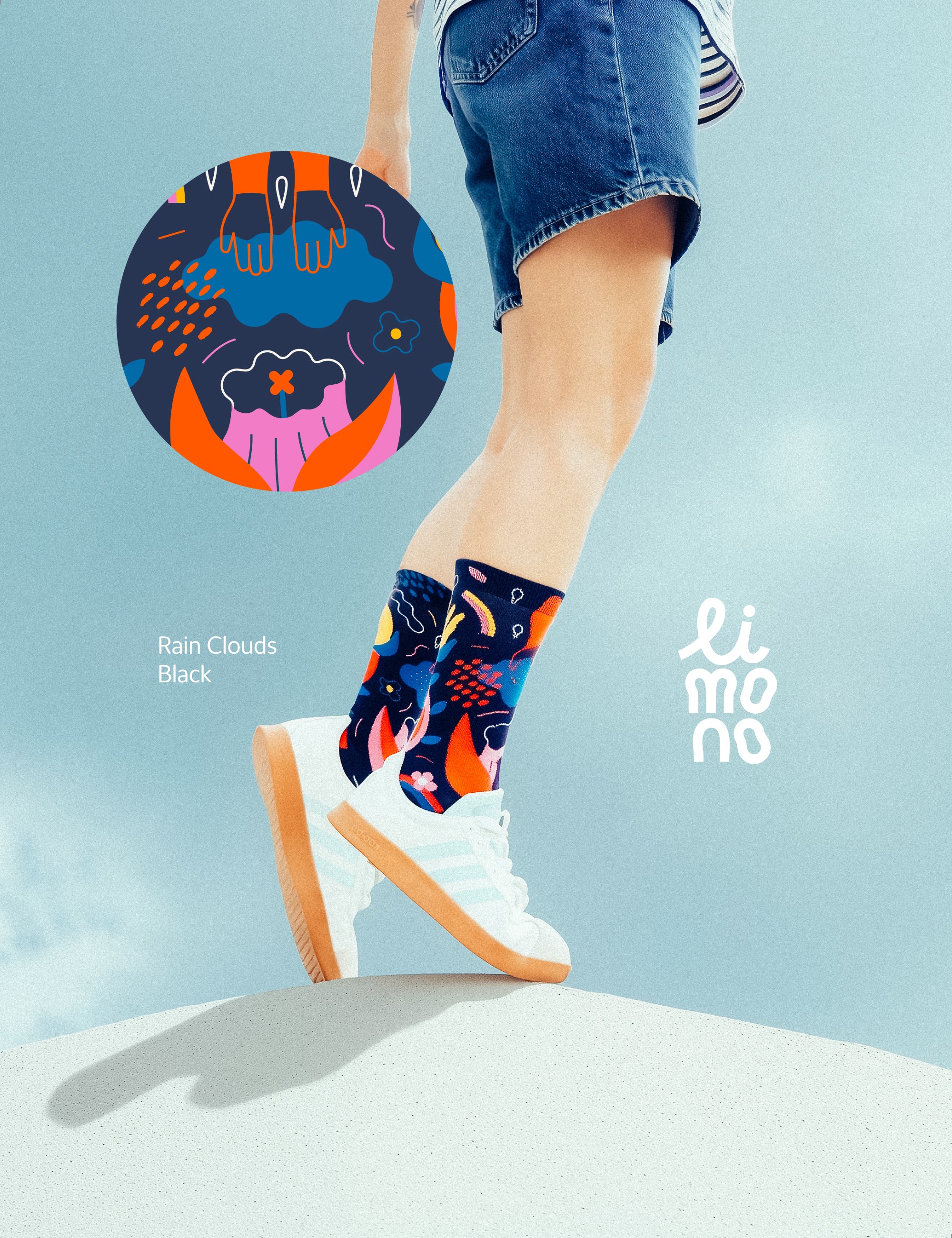 Limono Socks Rain Clouds collection. Illustrated socks on trend made in Portugal. Organic combed cotton. Colorful socks with abstract design worn by a person, on a light blue background with 'limono' branding.