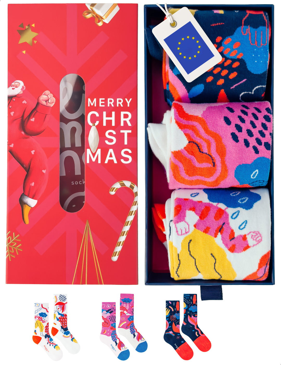 Limono Rain Clouds Box of 3 with Black, Magenta and White socks in Merry Christmas gift packaging