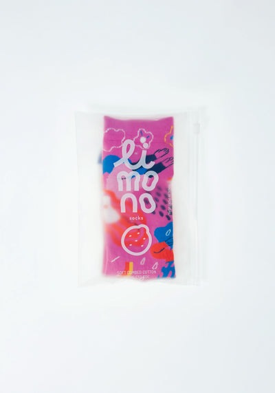 Limono Rain Clouds Magenta sock packaged in a clear poly bag with limono branding