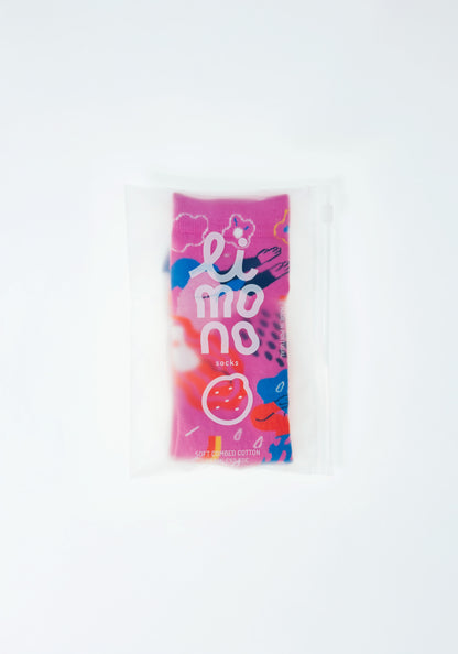 Limono Socks Rain Clouds collection. Illustrated socks on trend made in Portugal. Organic combed cotton. Pink juice box with colorful design on a white background