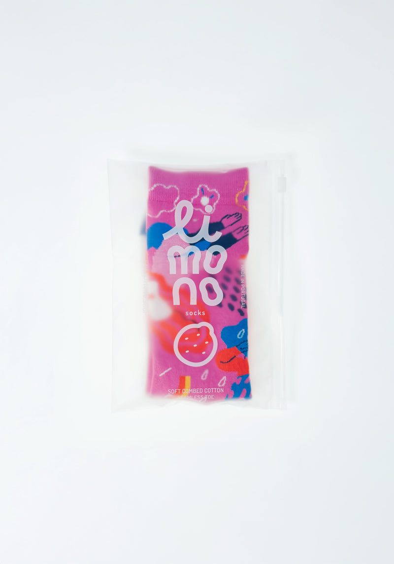Limono Socks Rain Clouds collection. Illustrated socks on trend made in Portugal. Organic combed cotton. Pink juice box with colorful design on a white background
