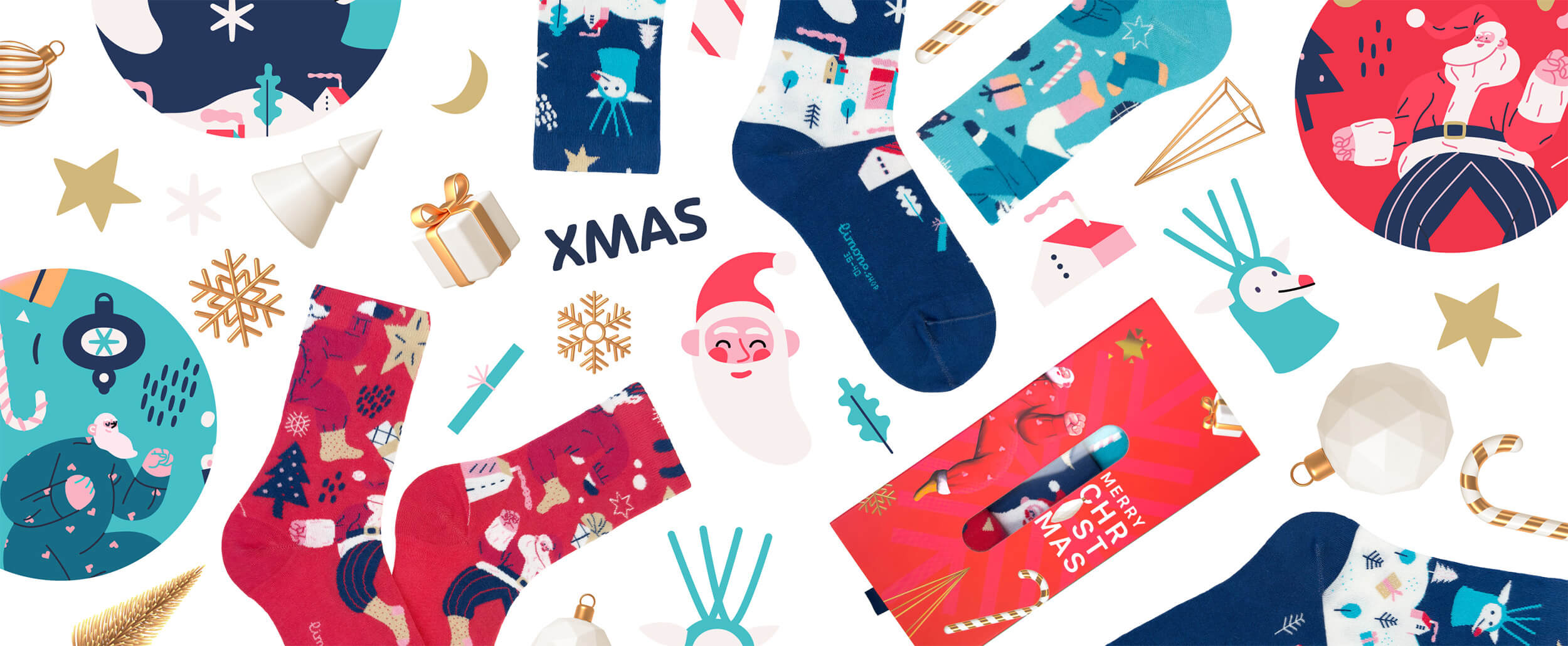 Limono Socks Christmas collection. Illustrated socks on trend made in Portugal. Organic combed cotton 