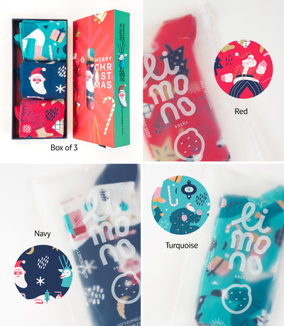Limono Christmas collage with Box of 3 packaging and Red, Navy, Turquoise socks
