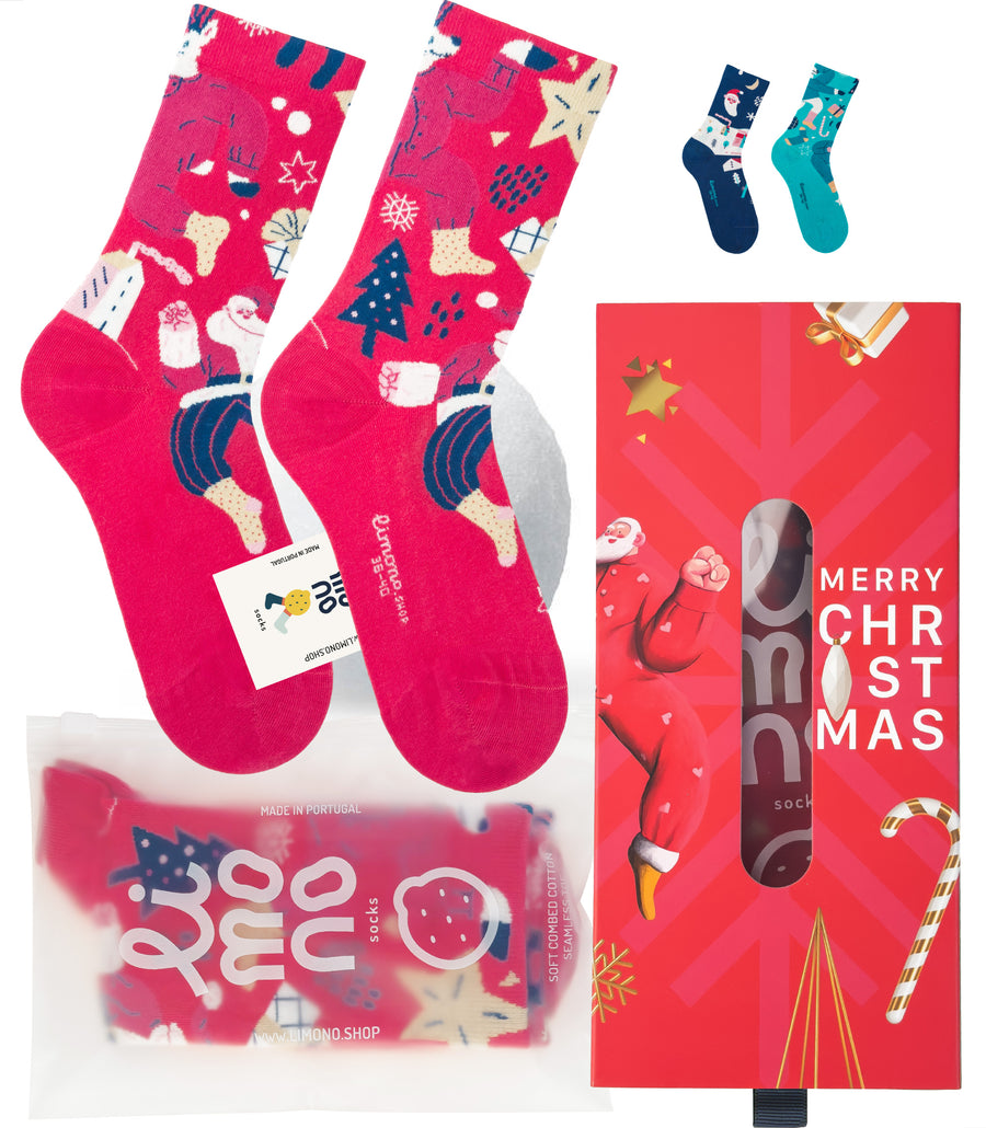 Limono Christmas Red socks packaging with plastic bag and Merry Christmas gift box