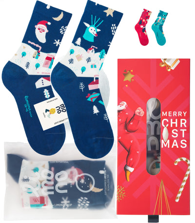 Limono Christmas Navy socks packaging with plastic bag and Merry Christmas gift box
