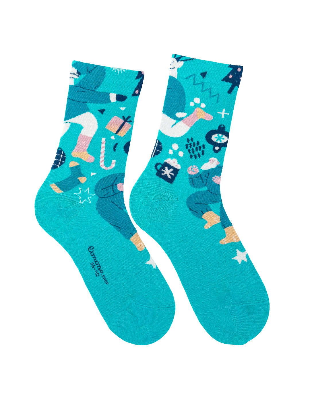Limono Christmas Turquoise socks with dancing Santa, deer and tree motifs on white background