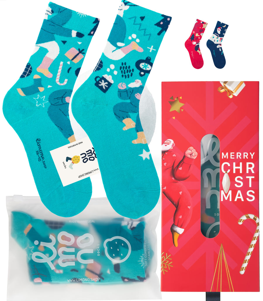 Limono Christmas Turquoise socks packaging with plastic bag and Merry Christmas gift box