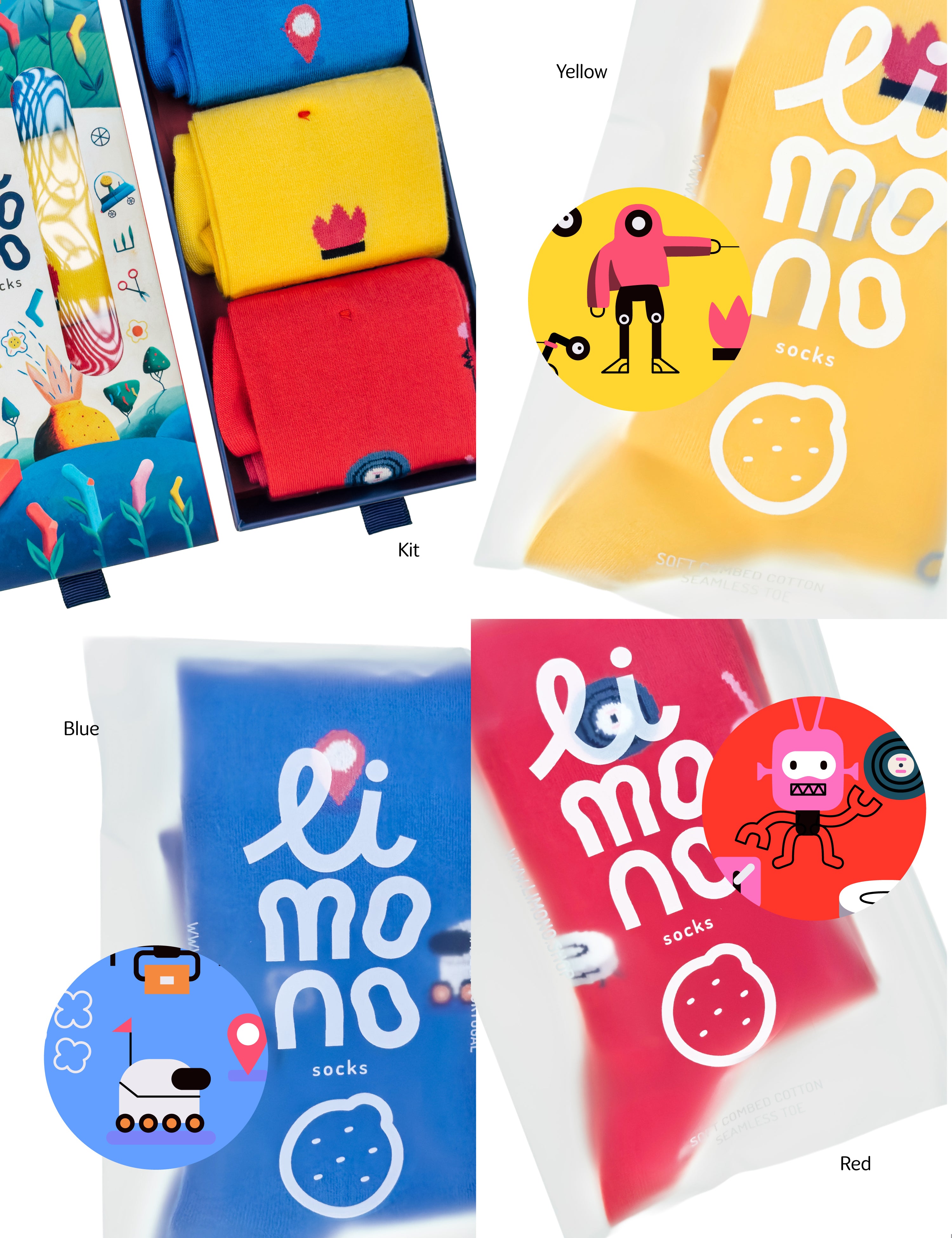 Limono Socks Robots Day collection. Illustrated socks on trend made in Portugal. Organic combed cotton. Colorful socks with 'limono' branding in packaging on a white background