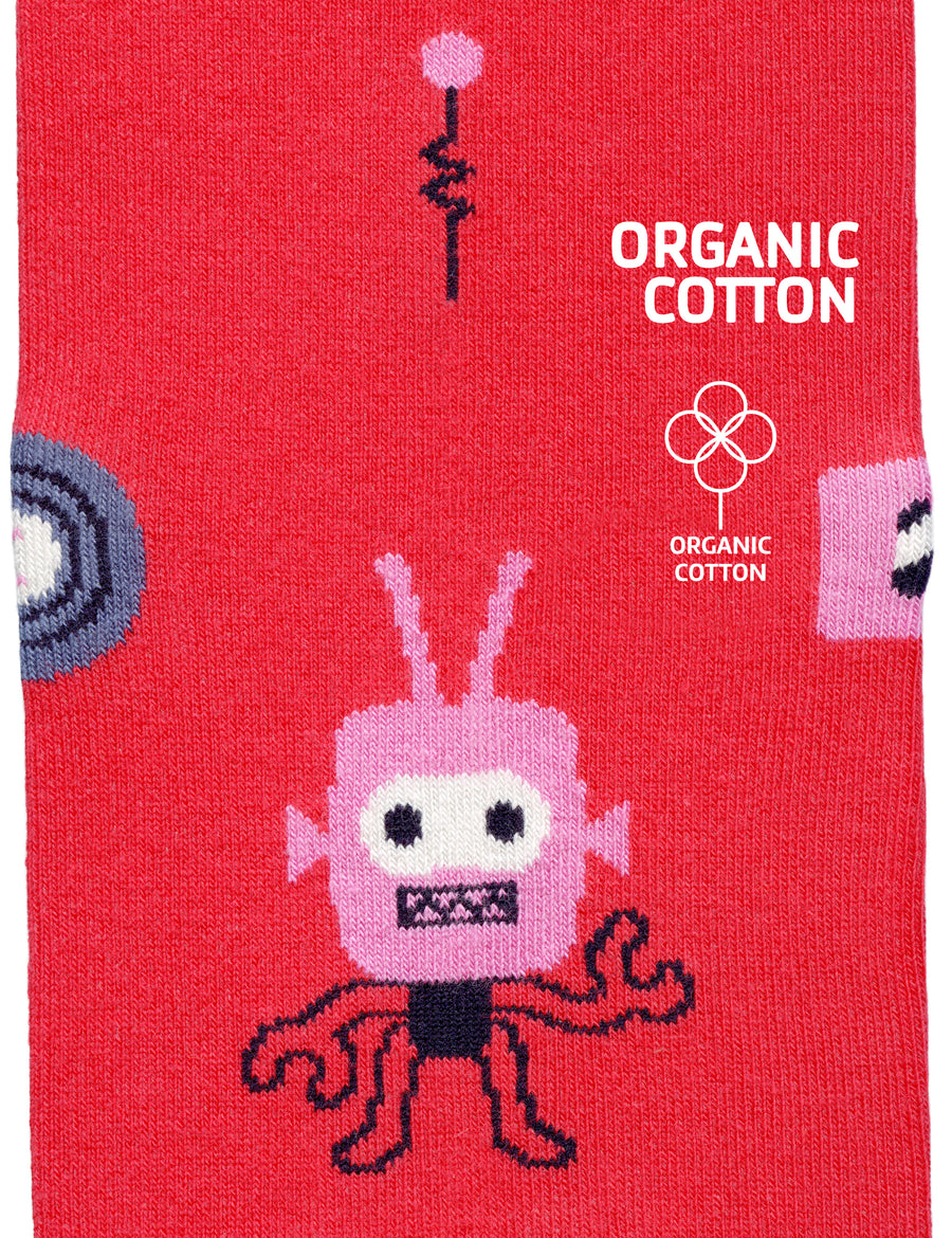 Limono Robots Day Red socks jacquard knit macro with anthropomorphic robot and vinyl disc motifs