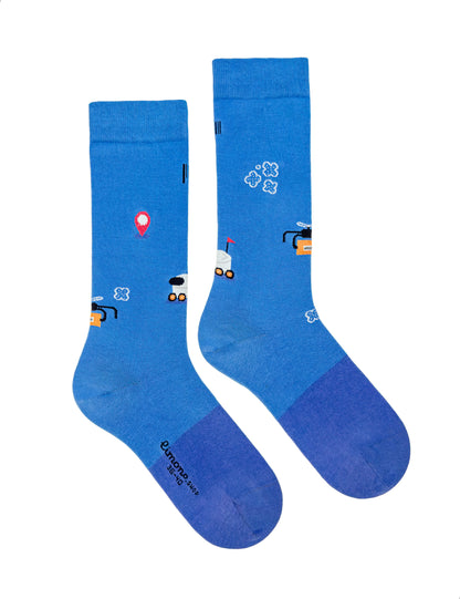 Limono Socks Robots Day collection. Illustrated socks on trend made in Portugal. Organic combed cotton. Pair of blue socks with cartoon designs on a white background